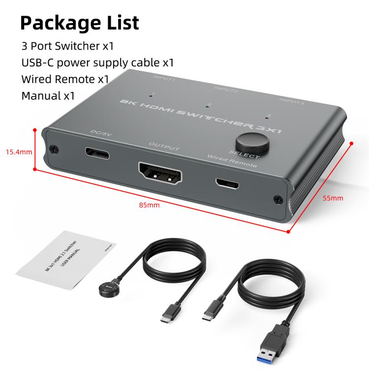 3 In 1 Out HDMI Switch 8K 60Hz / 4K 120Hz Computer HD Conversion