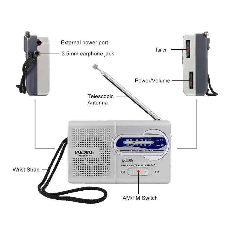 INDIN BC-R119 Portable AM/FM Radio for Seniors 530-1610KHz AM & 88-108MHz FM Lightweight Emergency Radio