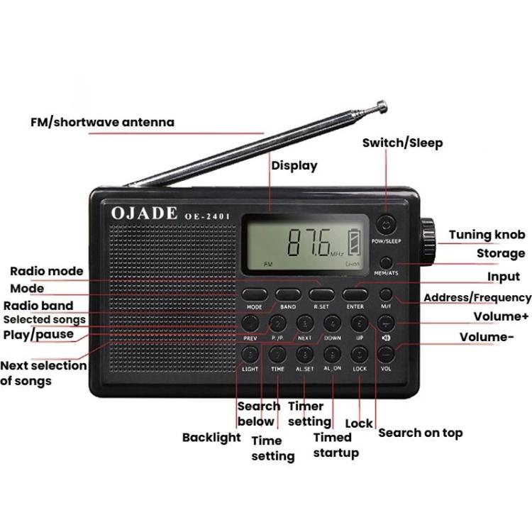 OJADE OE-2401 Full-Band Full-Channel Portable High Sensitivity Digital Display Bluetooth Stereo Radio