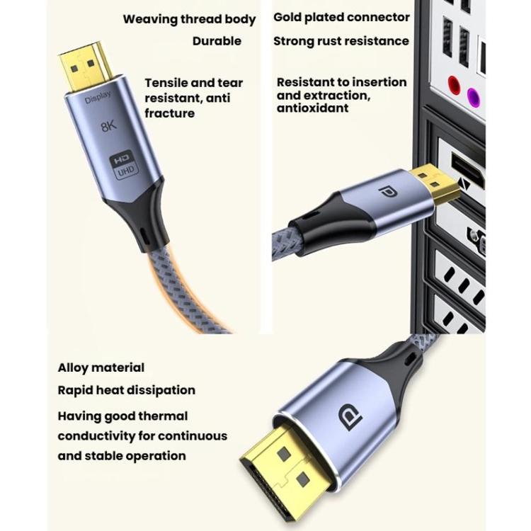 DP To HDMI 8K 60HZ HD Conversion Cable TV Computer Connection Conversion Monitor Projection Cable, 1m, 2m