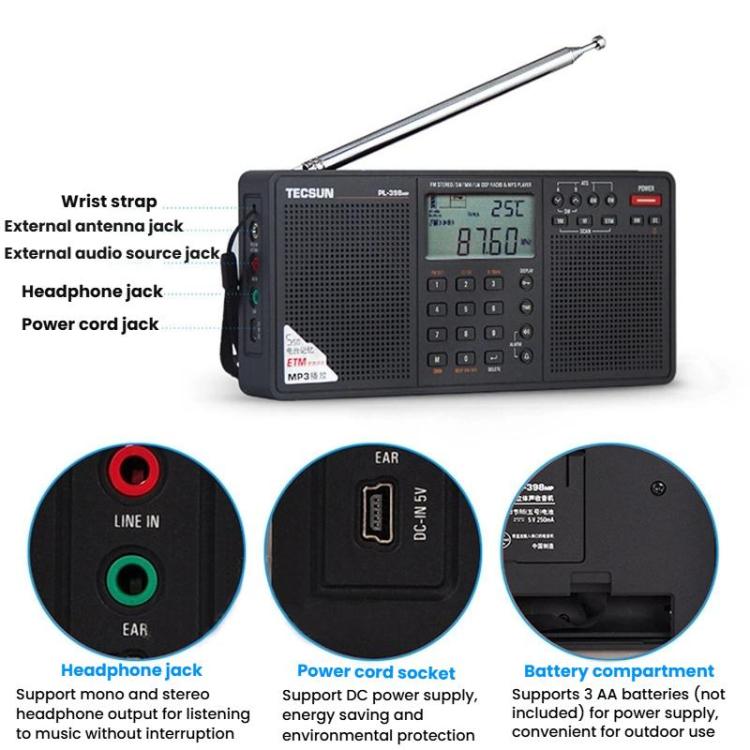 TECSUN PL-398MP Stereo Portable Full-Band Digital Tuning Radio Support SD Card Playback