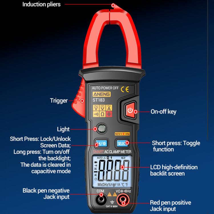 ANENG ST183 600A Digital Clamp Meter With NCV, 4000 Counts, Tests Continuity/Resistance/Capacitance/Diode, Audible & Visual Alarm