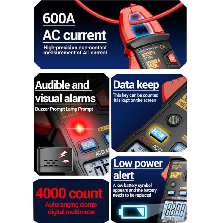 ANENG ST183 600A Digital Clamp Meter With NCV, 4000 Counts, Tests Continuity/Resistance/Capacitance/Diode, Audible & Visual Alarm