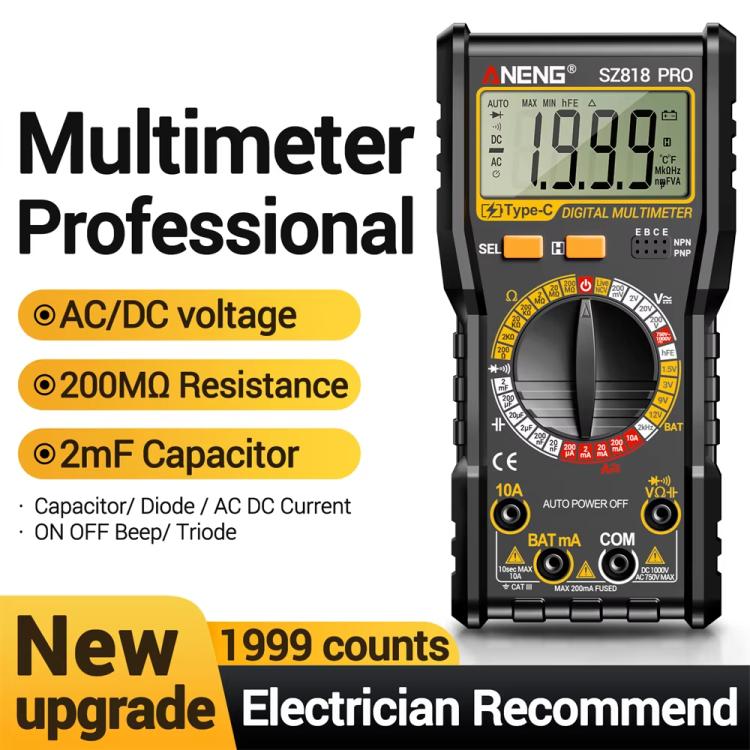 Digital Multimeter with NCV Detection Voltage Tester for AC/DC Current/Voltage, hFE Triode, and Capacitor Test Tool