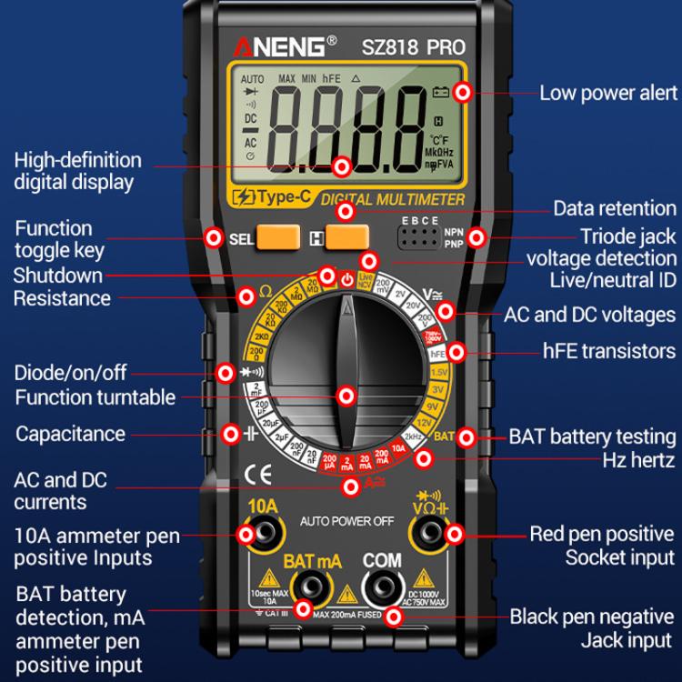 Digital Multimeter with NCV Detection Voltage Tester for AC/DC Current/Voltage, hFE Triode, and Capacitor Test Tool