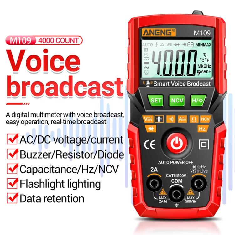 ANENG M109 Digital Multimeter With Voice Guide 4000 Counts, NCV Detection, Capacitance/Resistance/Voltage/Current Tester
