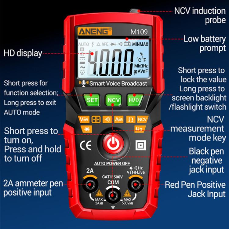 ANENG M109 Digital Multimeter With Voice Guide 4000 Counts, NCV Detection, Capacitance/Resistance/Voltage/Current Tester