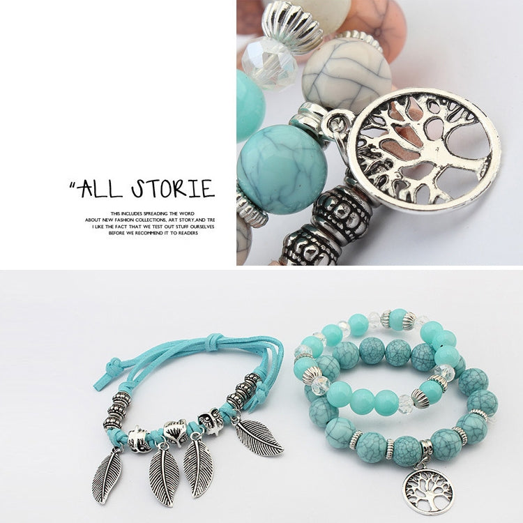 Vintage Ethnic Elasticity Marble Beads Bracelet Boho Leaves Bangle Bracelet