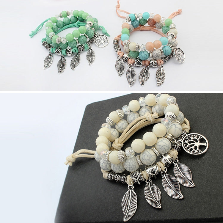 Vintage Ethnic Elasticity Marble Beads Bracelet Boho Leaves Bangle Bracelet