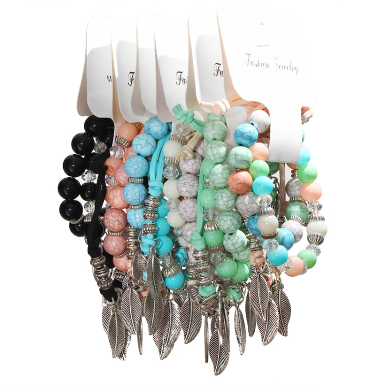 Vintage Ethnic Elasticity Marble Beads Bracelet Boho Leaves Bangle Bracelet