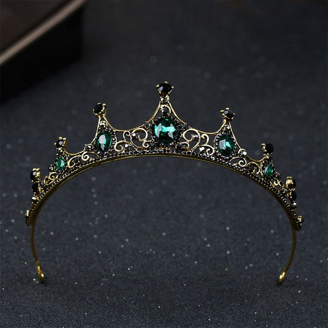 Vintage Small Baroque Green Crystal Tiaras Crowns for Women Girls Bride Wedding Hair Jewelry Accessories