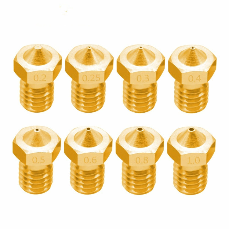 8 PCS Bugatti 3D Printer Accessories E3D-V5 V6 Nozzle M6 Thread Consumables Hot Nozzle, 1.75/0.2mm, 1.75/0.25mm, 1.75/0.3mm, 1.75/0.35mm, 1.75/0.4mm, 1.75/0.5mm, 1.75/0.6mm, 1.75/0.8mm, 3/0.2mm, 3/0.3mm, 3/0.4mm, 3/0.6mm, 3/0.8mm, 3/1.0mm, 3/0.25mm