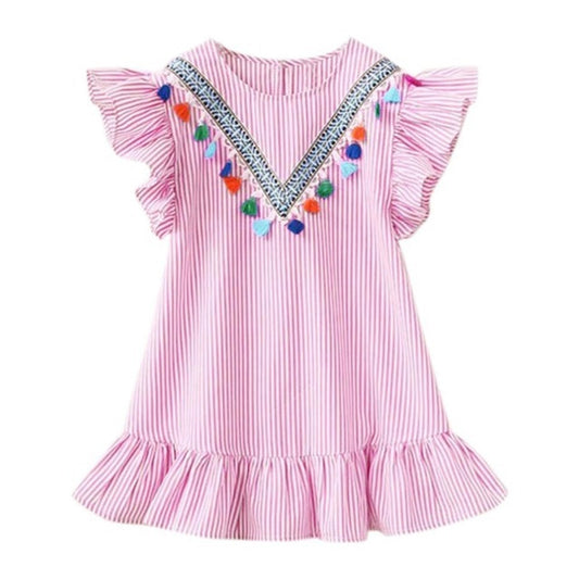 Girls Neckline Tassel Vertical Stripes Ruffled Dress