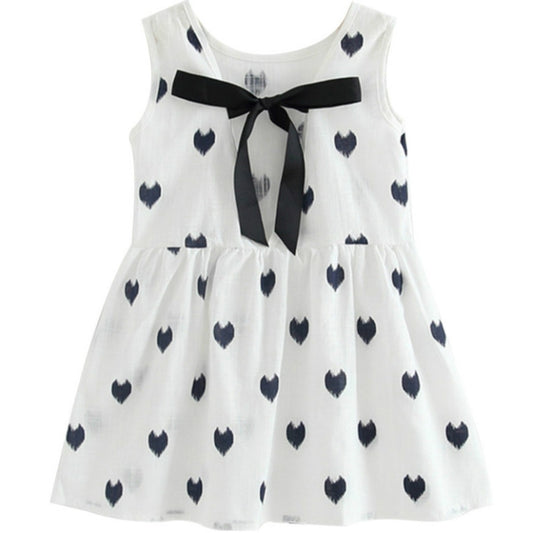 Girls Cotton Linen Love-heart Pattern Lace-up Dress, 120cm