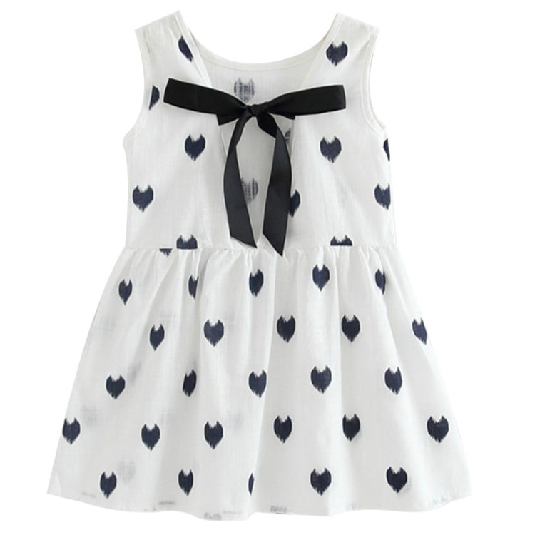 Girls Cotton Linen Love-heart Pattern Lace-up Dress, 120cm
