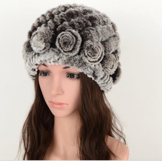 Real Rabbit Fur Grass Pineapple Hat Korean Version of the Women's Warm Earmuffs