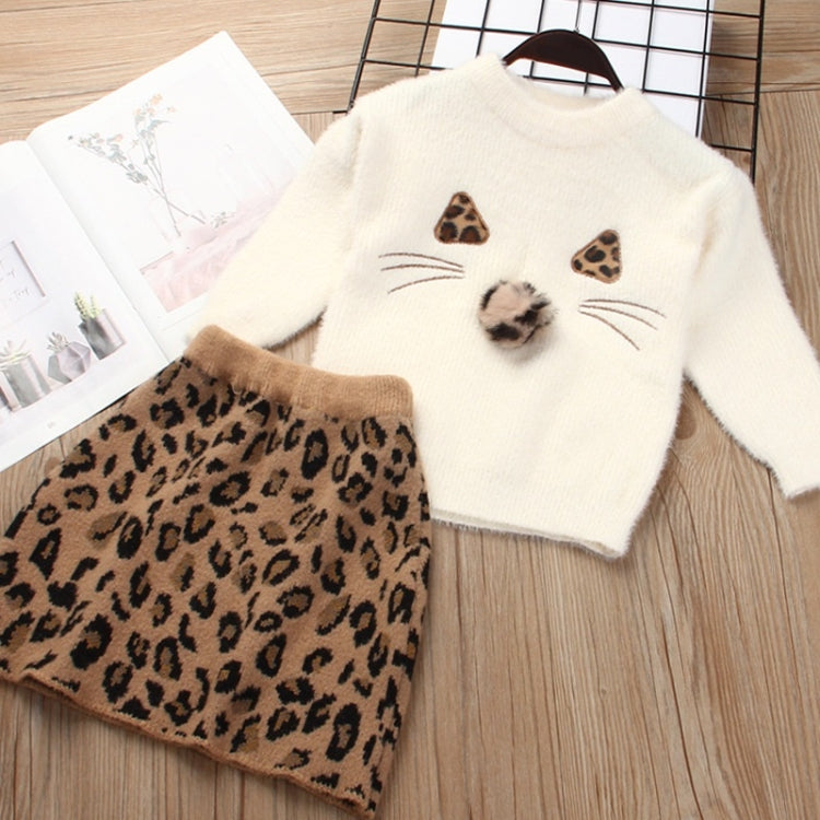 Girl Solid Color Sweater Mink Velvet + Leopard Skirt Two-piece, 90, 100, 110, 120