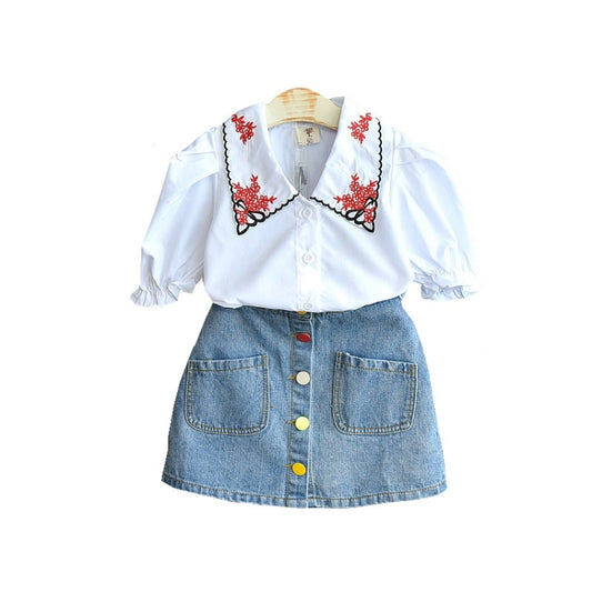 Girls Denim Skirt Casual Embroidered Short Sleeve Shirt Two-piece