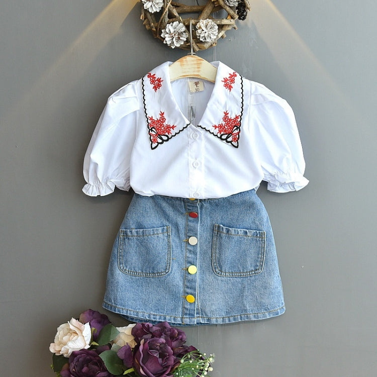 Girls Denim Skirt Casual Embroidered Short Sleeve Shirt Two-piece